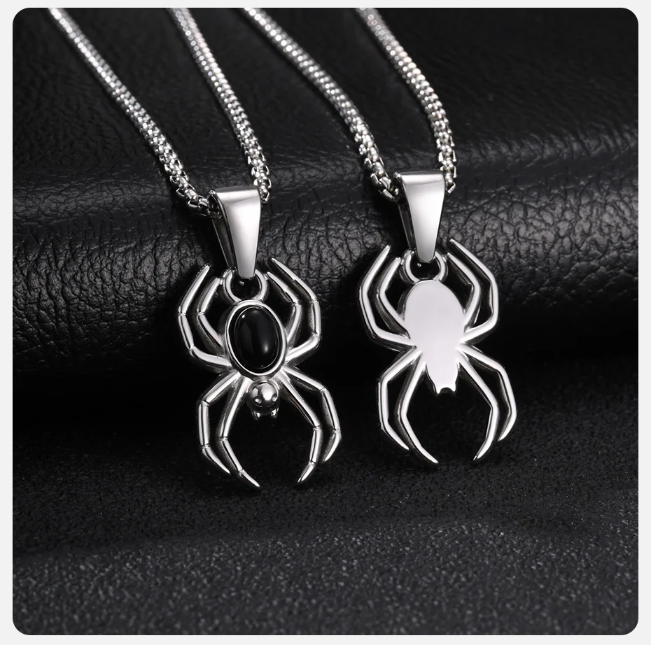 Vnox Spinnen-Anhänger Halskette für Männer, Edelstahl mit natürlichem schwarzem Achatstein, Tier-Halskette, Punk-Gothic-Schmuck Geschenk – Detail 6