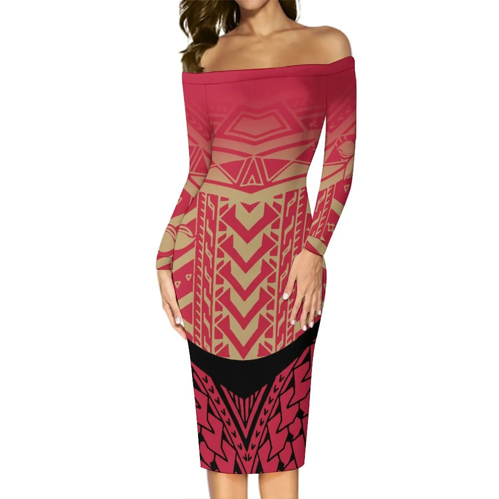 Polynesian Islands Design Art Print Women'S Off-The-Shoulder Sheath Dress Samoan Women'S Dinner Sexy Evening Dress