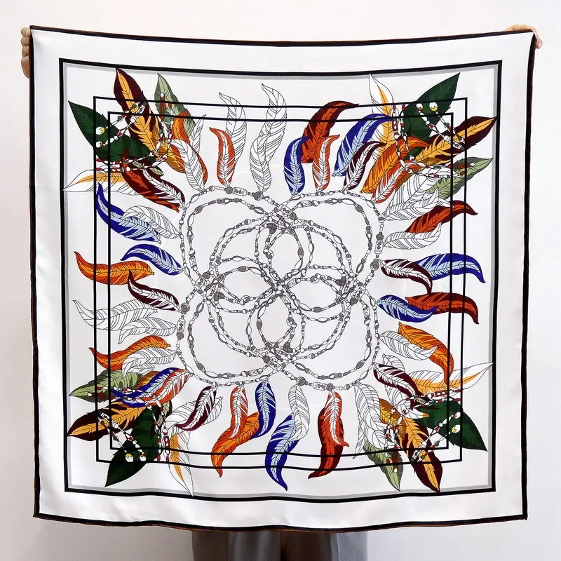 

Feathers Print 100% Silk Scarf Neckerchief Double Sided Printing Womens Luxury 90 Silk Bandana Scarf Shawl Poncho