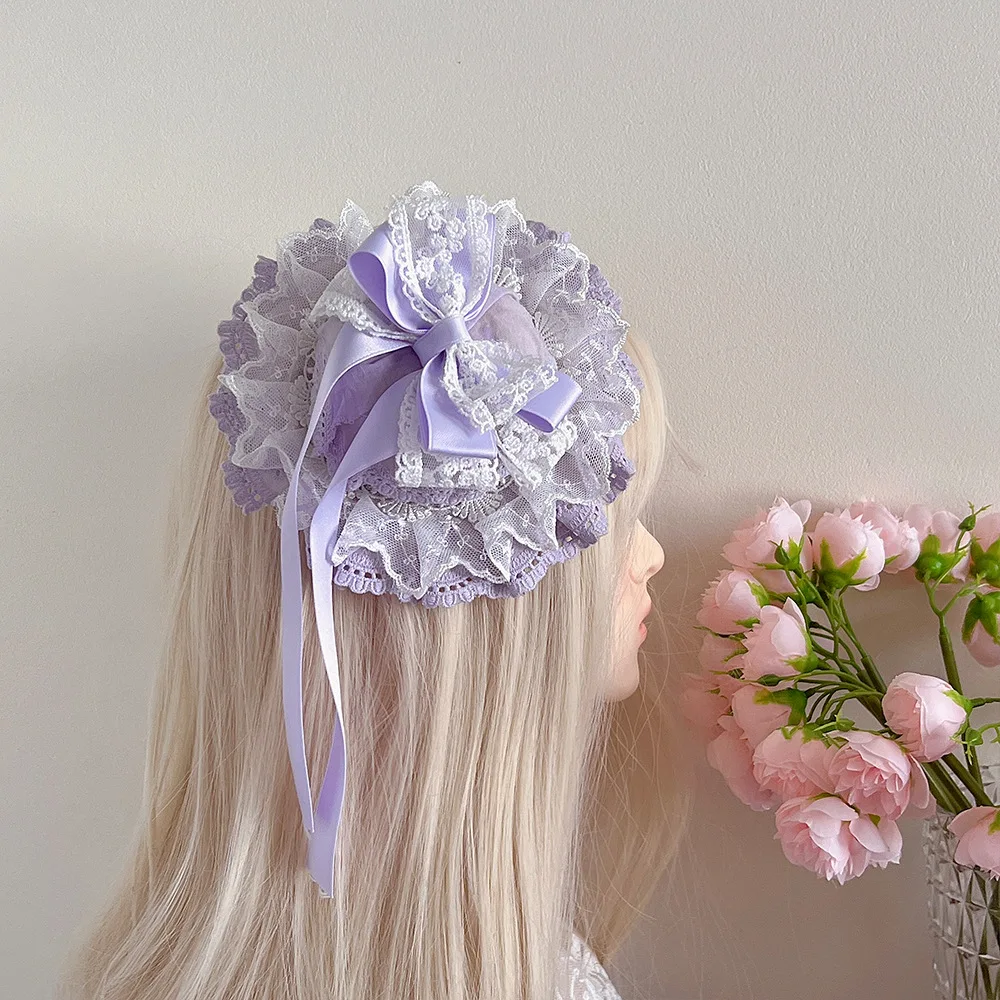 

Зеленая, желтая, фиолетовая, белая многослойная мини-чародейская шляпа для девочек, стиль Лолиты, косплей, милый головной убор, заколка для волос, вечерние кружевная шляпа