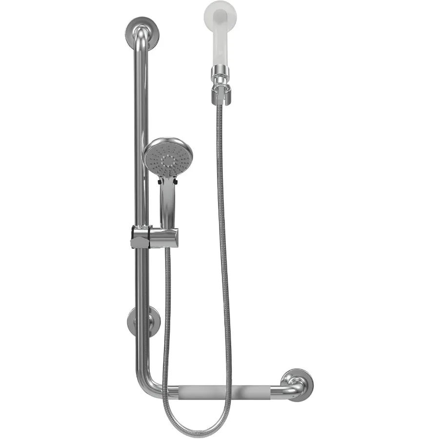 Barra deslizante ergonômica compatível com ADA com chuveiro de mão para acessibilidade em banheiros Design de aperto esquerdo em aço inoxidável polido