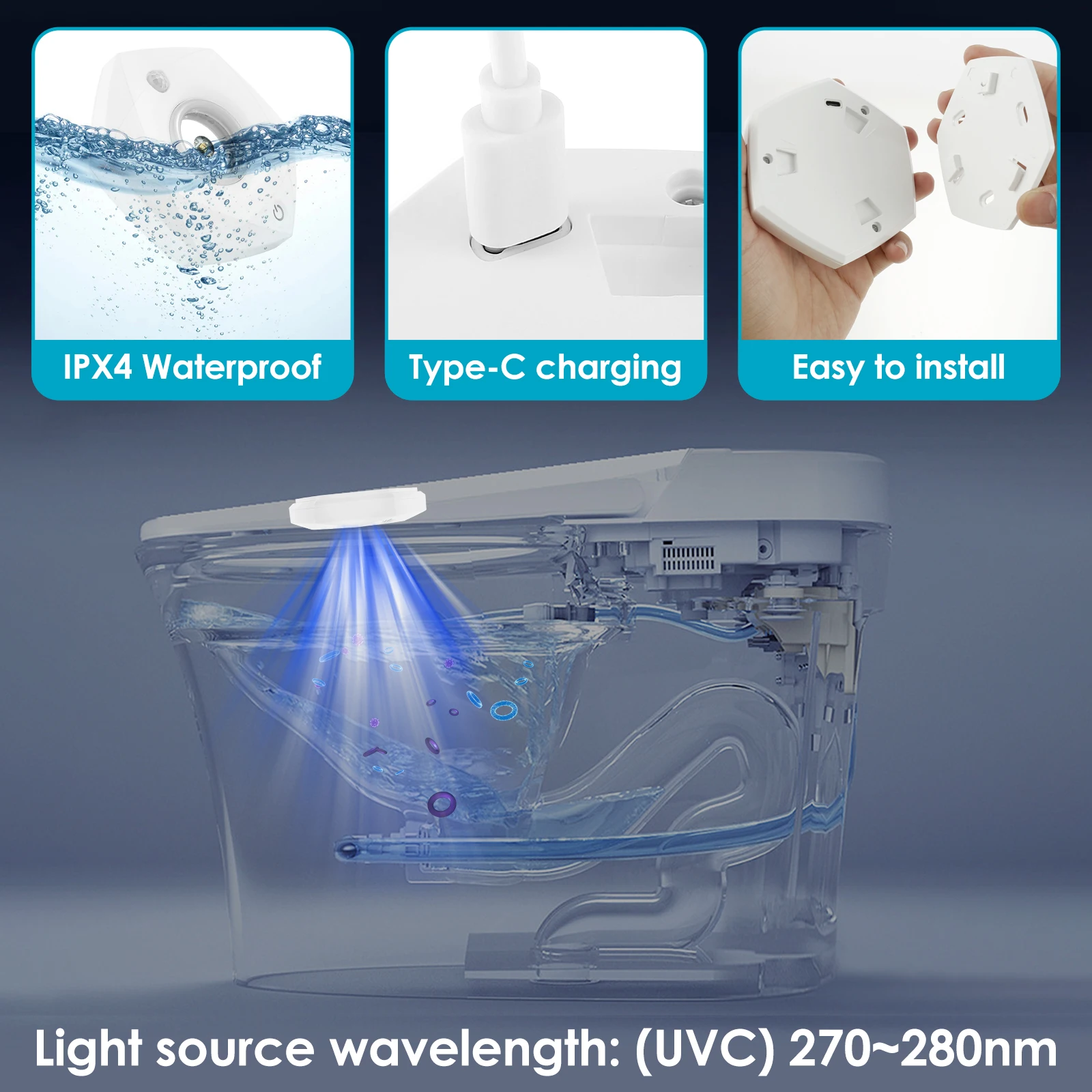 Toilet Bowl Light IPX4 Waterproof Toilet Sensor Light Rechargeable UV Sterilizer Toilet Light Body Sensor Toilet Seat Light