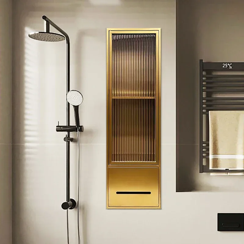 Bathroom niche embedded with glass door Stainless steel custom storage display Steel cabinet embedded bathroom rack