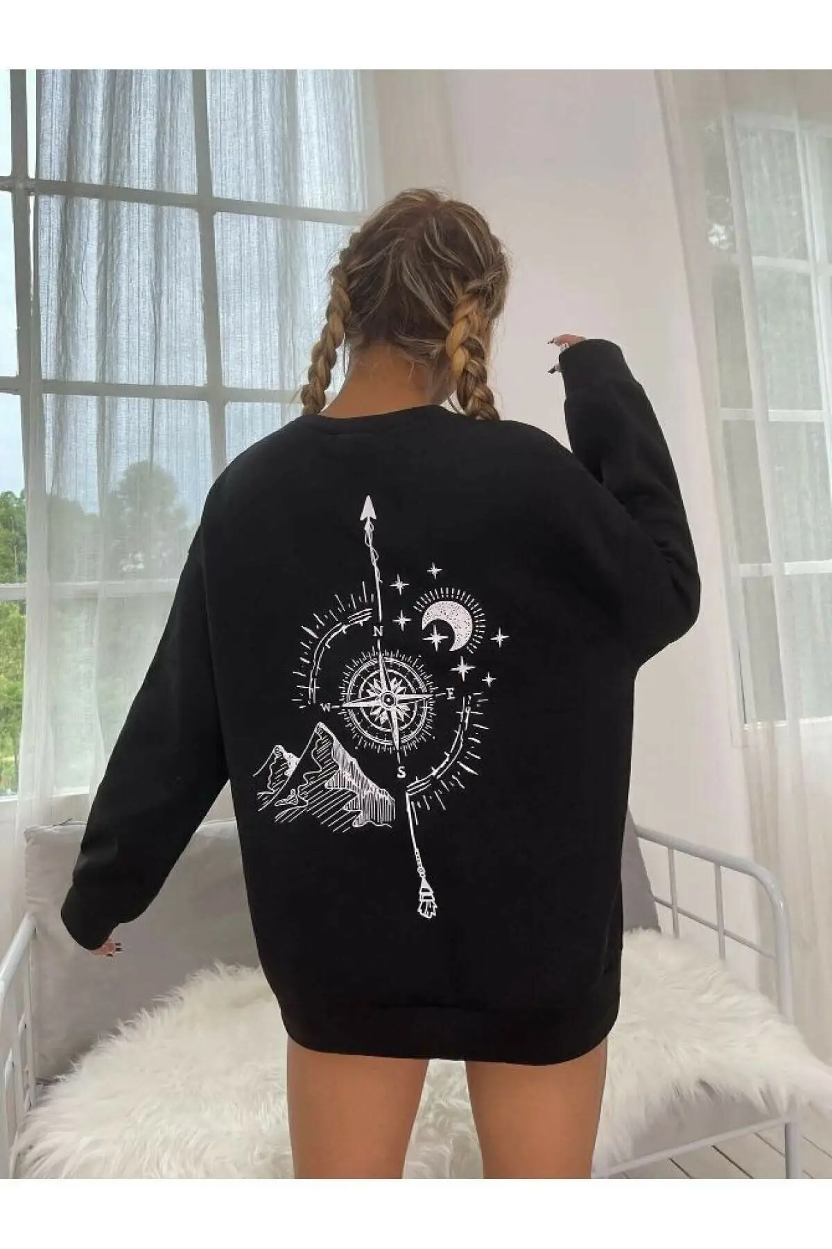 

women's black oversize Loose fit sweatshirt north star compass printed new fashion combined style high quality and casual