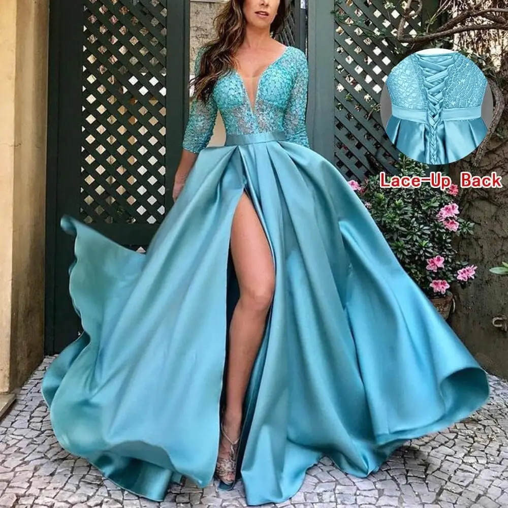 Deep V-Neck Satin Prom Dress for Women, 3/4 Sleeve Formal Evening Gown with Pockets, Elegant Party Dress