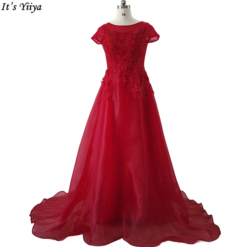 

It's Yiiya Evening Dresses Burgundy Appliques Short Sleeves Tulle A-line Floor length Lace up Plus size Women Party Dress C1569