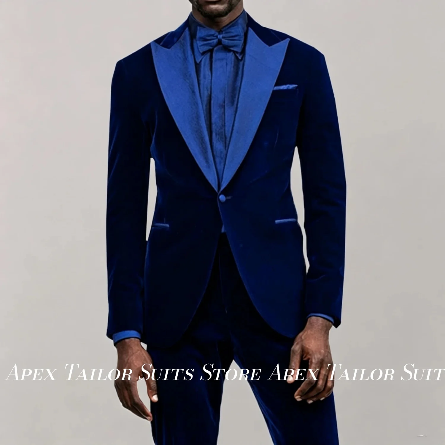 Blue Velvet Men 2 Piece Suit Set Satin Peak Lapel Tuxedo Blazer Matching Pants Formal Wedding Groom Party Banquet Outfit