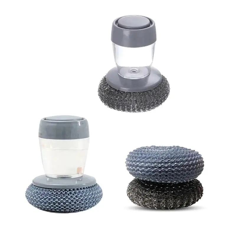 

AF90-Soap Dispenser Brush For Kitchen Sink Pot Oven Dish Scrubber With Holder Push-Type Liquid Adding PET Wire Ball Pot Brush