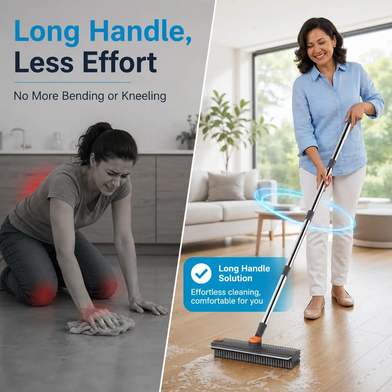 3-In-1 Floor Scrub Brush With Long Handle, 3-Section Adjustable 30/40/50in Heavy Duty Stiff Bristle Shower Scrubber With Built-In Scraper, Angle Head Bathroom Tile Floor Cleaning Brush For Kitchen, Patio, Garage, Pool, Deck & Wall