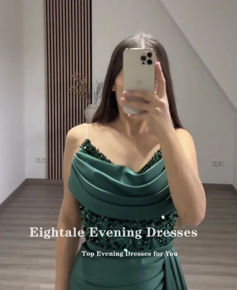 Eightale Green Evening Dress for Wedding Party Beaded V-Neck Pleats Mermaid Satin Prom Gowns vestido elegante mujer para fiesta