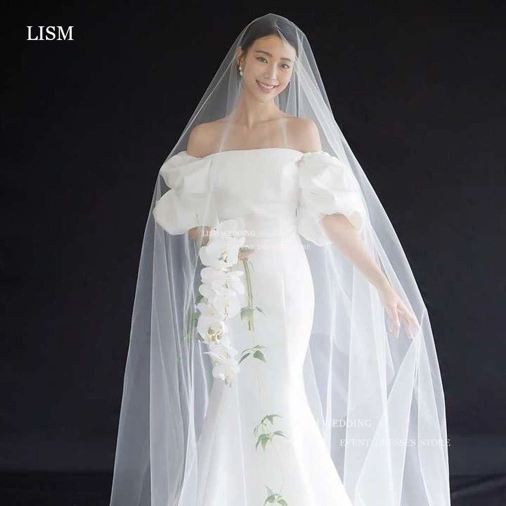 LISM Unique Puff Sleeve Wedding Dresses Off Shoulder Mermaid Bridal Gowns For Korean Women Formal Dress With Veil Photoshoot