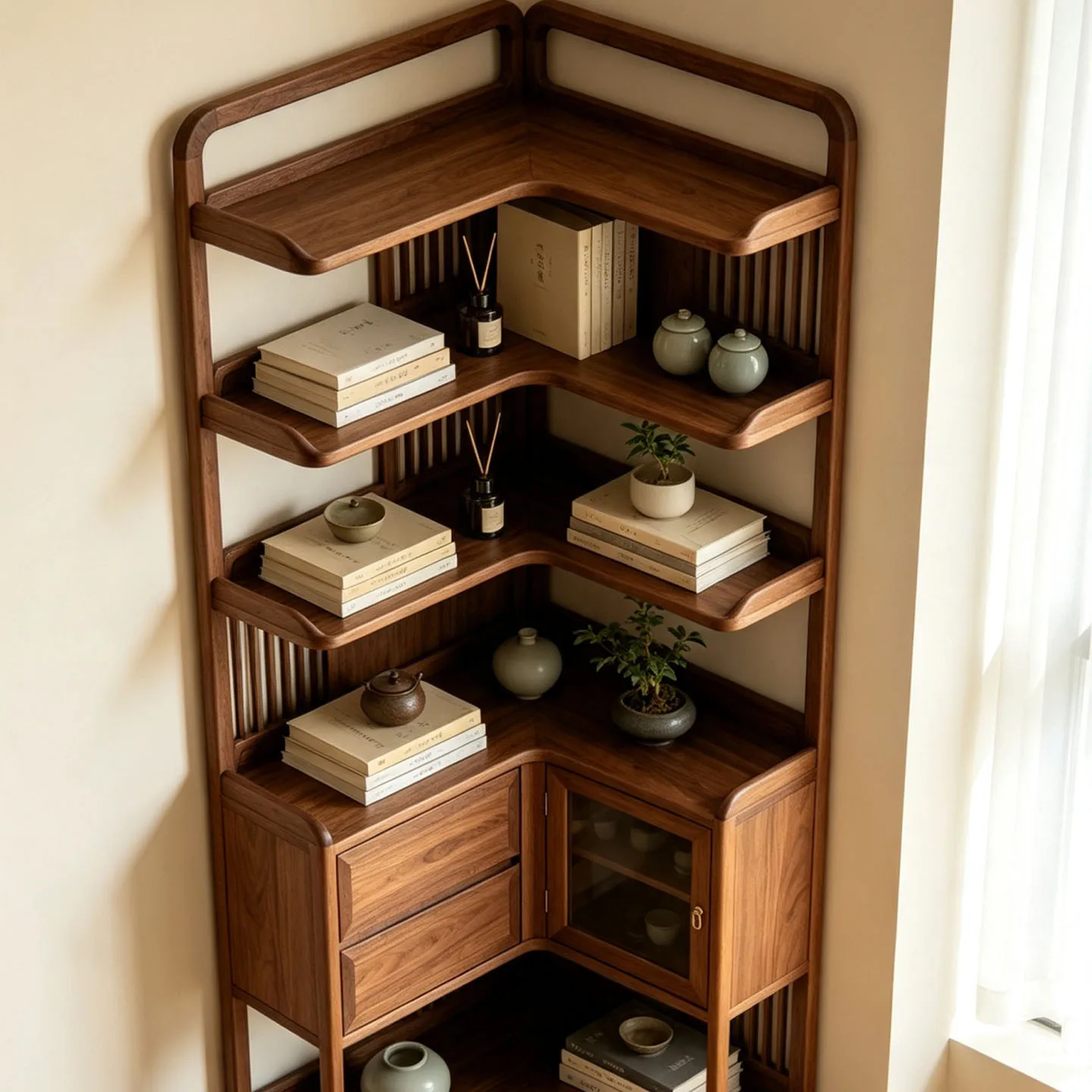 Black walnut corner cabinet Bogu rack new Chinese compartment bookshelf living room corner solid wood storage display cabinet
