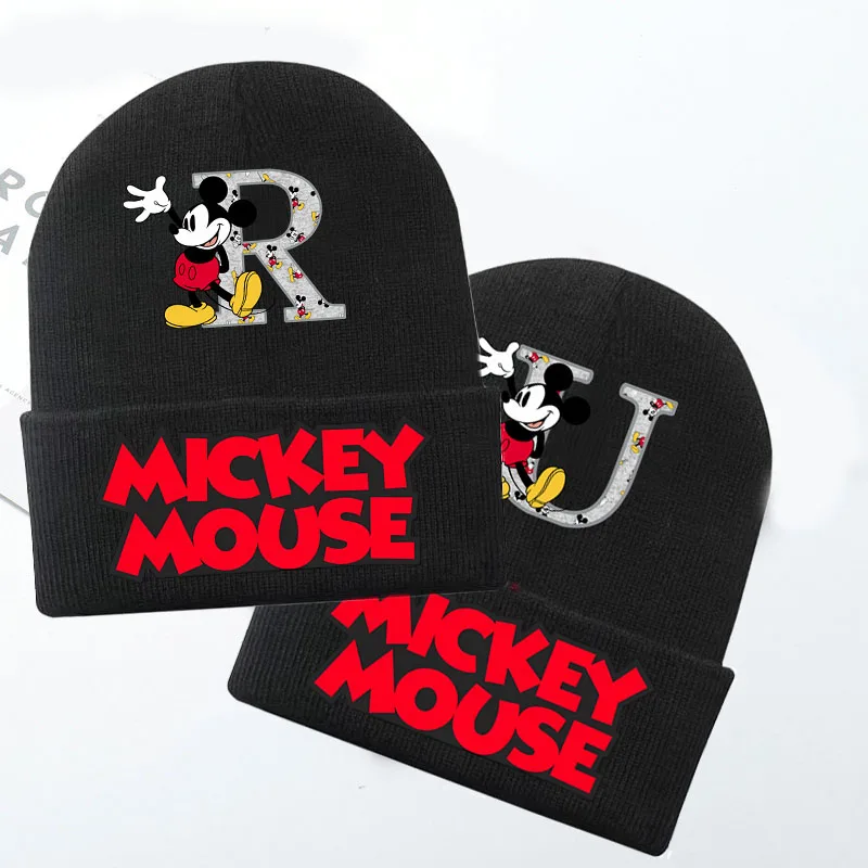 Cute 26 Letters A-Z Disney Mickey Mouse Children's Knitted Hat Autumn and Winter Knitted Ear Protection Kids Cold Hat Gifts 2024