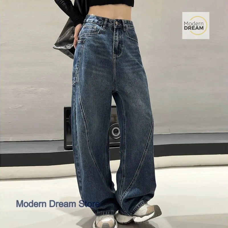 

American plus size retro pocket machete design wide-leg jeans women's spring and autumn new fashion loose slim mopping pants.