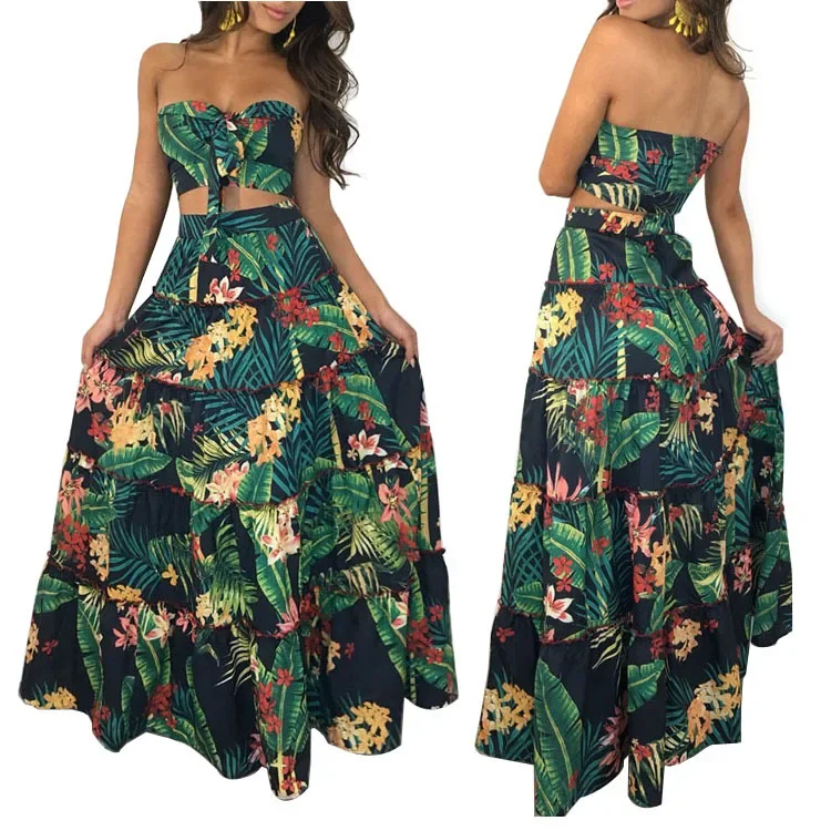 Causal Bikini Crop Top Long Dress Sexy Set for Women Summer Fashion Two Piece Skirt Beach Style Floral Print Midi Sexy Boho Sets