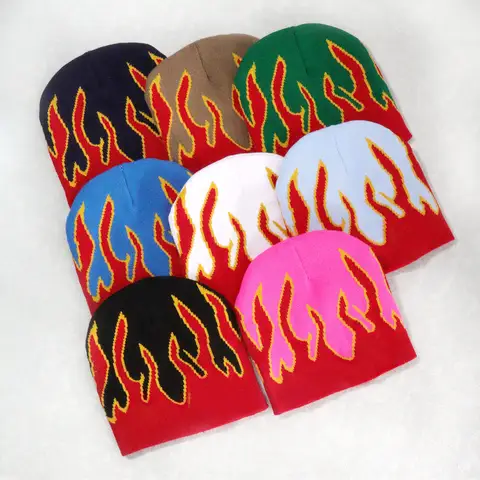 New Autumn and Winter Color Block Fashion Fire Unisex Hip Hop Flame Knitted Hats Warm American Style Versatile Street Beanies