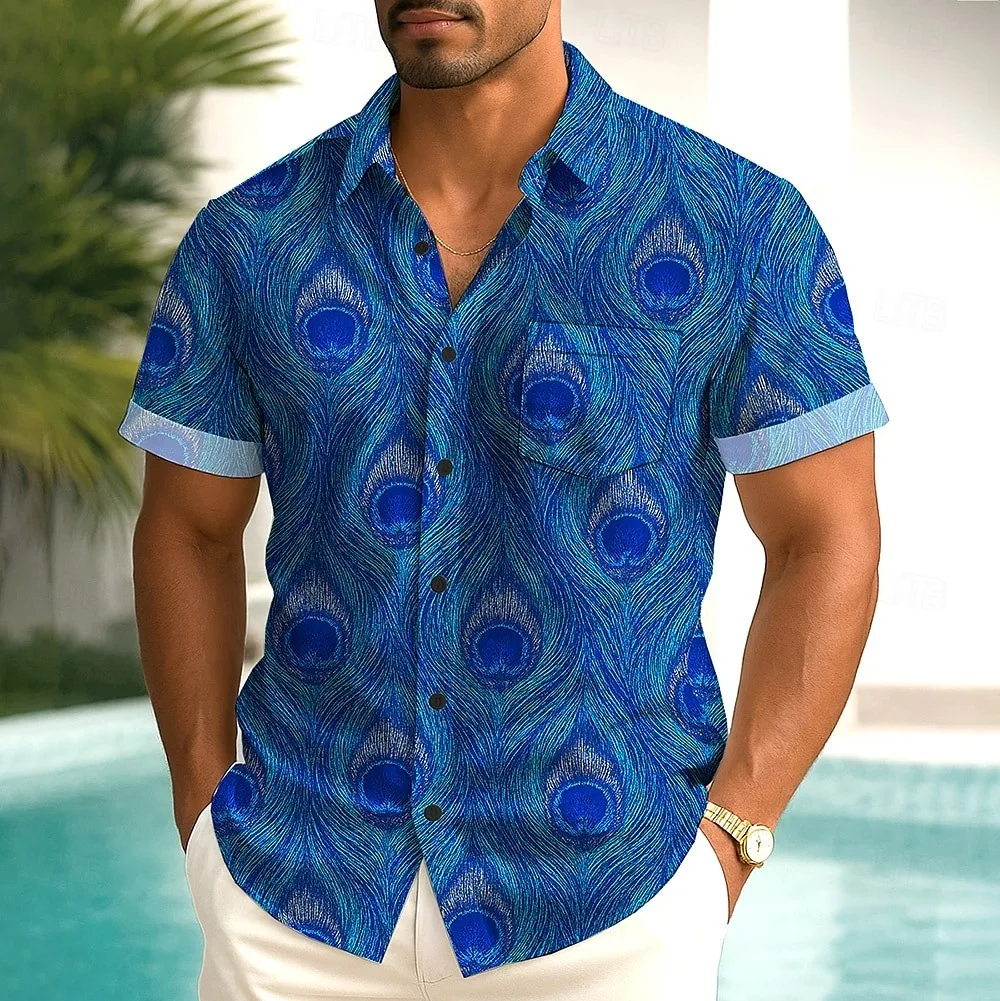 

New Hawaiian Men's Short Sleeve Shirt Peacock Feather Shirt Fashion Casual Shirt Abstract Art Costume Holiday