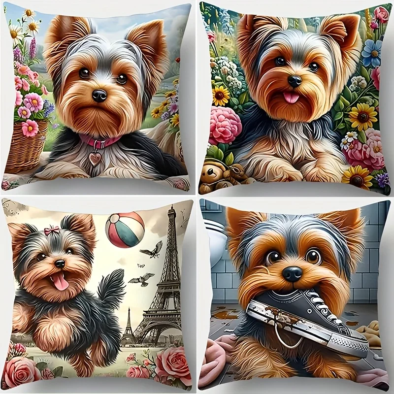 4 piezas, tema animal, estampado con perro, torre de hierro, patrón de flores, 40.64x40.64cm, 45.72x45.72cm, 50.8x50.8cm, acuarela