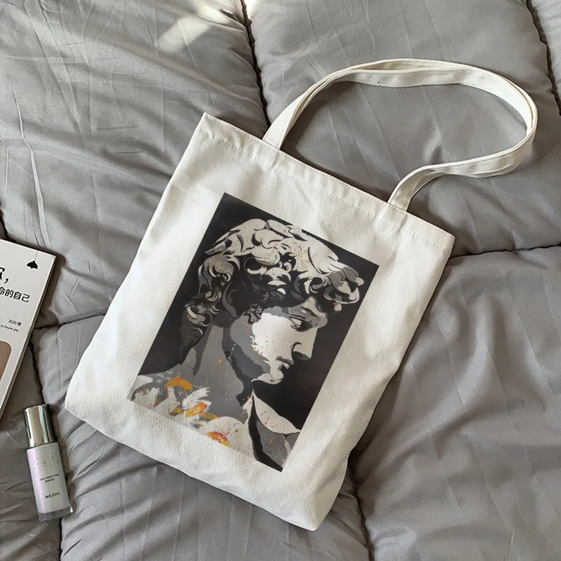 

Women's Canvas Tote Shoulder Bag Classical Sculpture Winged Figure Artistic Line Gold Accents B&W Vintage Art Chic Design Art