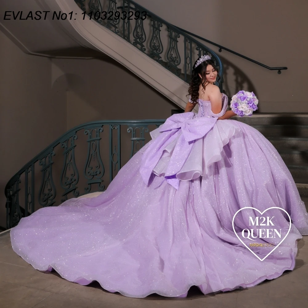

EVLAST Customized Glitter Lilac Quinceanera Dress Ball Gown Shiny Applique Beading Bow Corset Sweet 16 Vestido De 15 Anos E1Q114