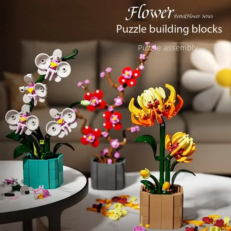 Sunflower Potted House Decoration Creativity MOC Model Bricks DIY Flowers Toy Building Block Gifts for Kids Girls