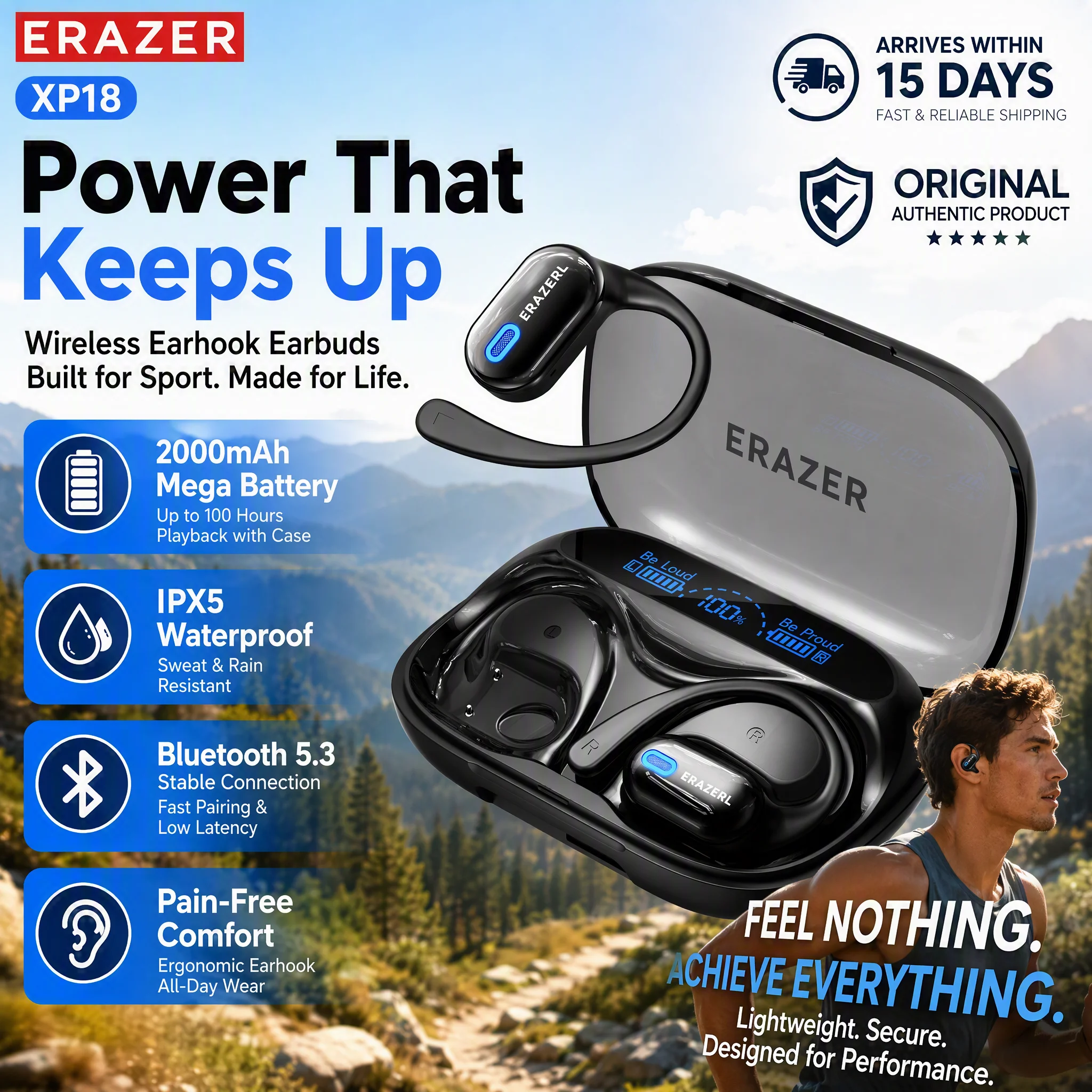 ERAZER XP18 OWS Open Ear Wireless Bluetooth Earphones Bluetooth V6.0 AI Translation ENC HD Call Low Latency Gaming IPX5 2000mAh
