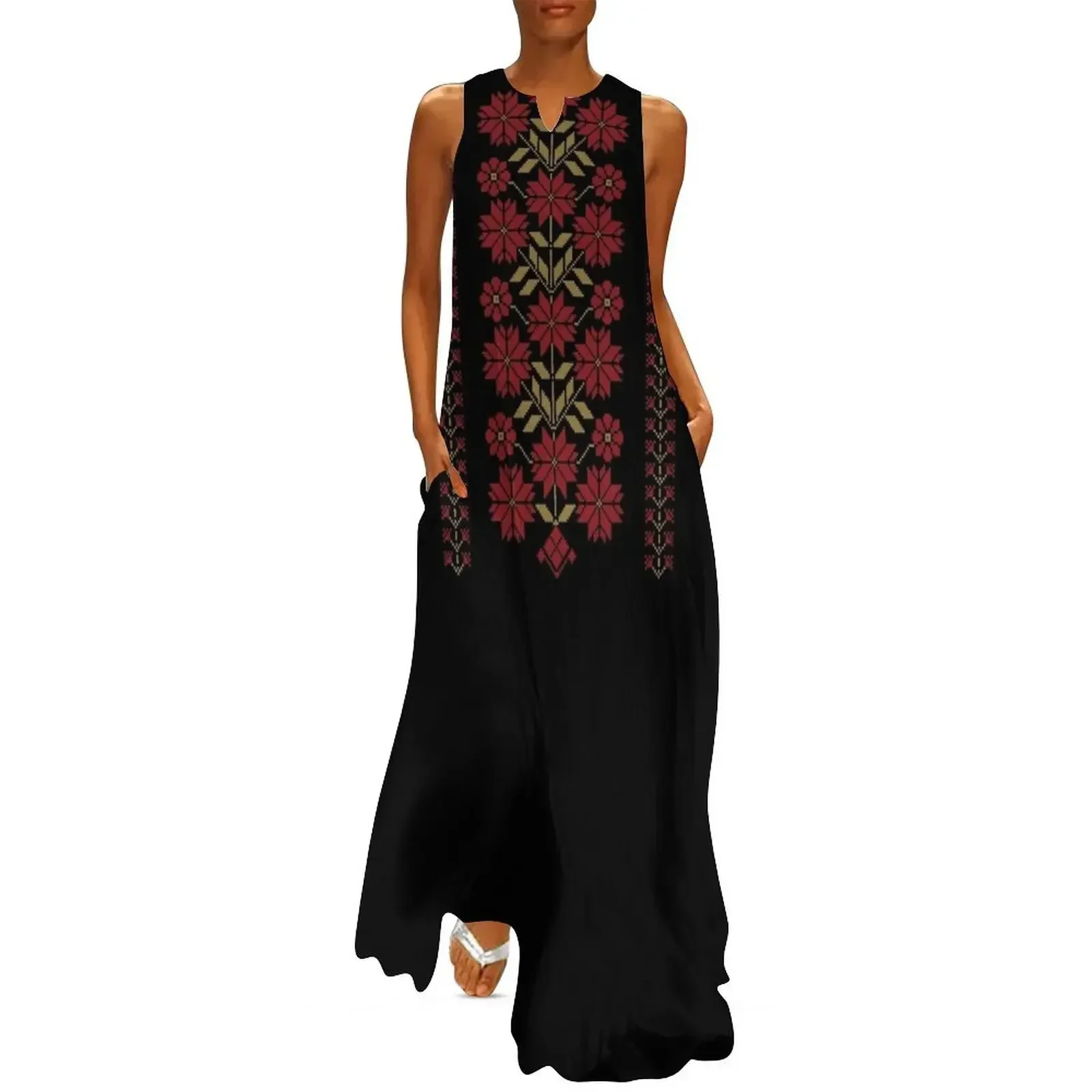 

Traditional Tatreez Embroidery Flowers Pattern Design 9 red-gold Long Dress woman dress women long dresses Dress