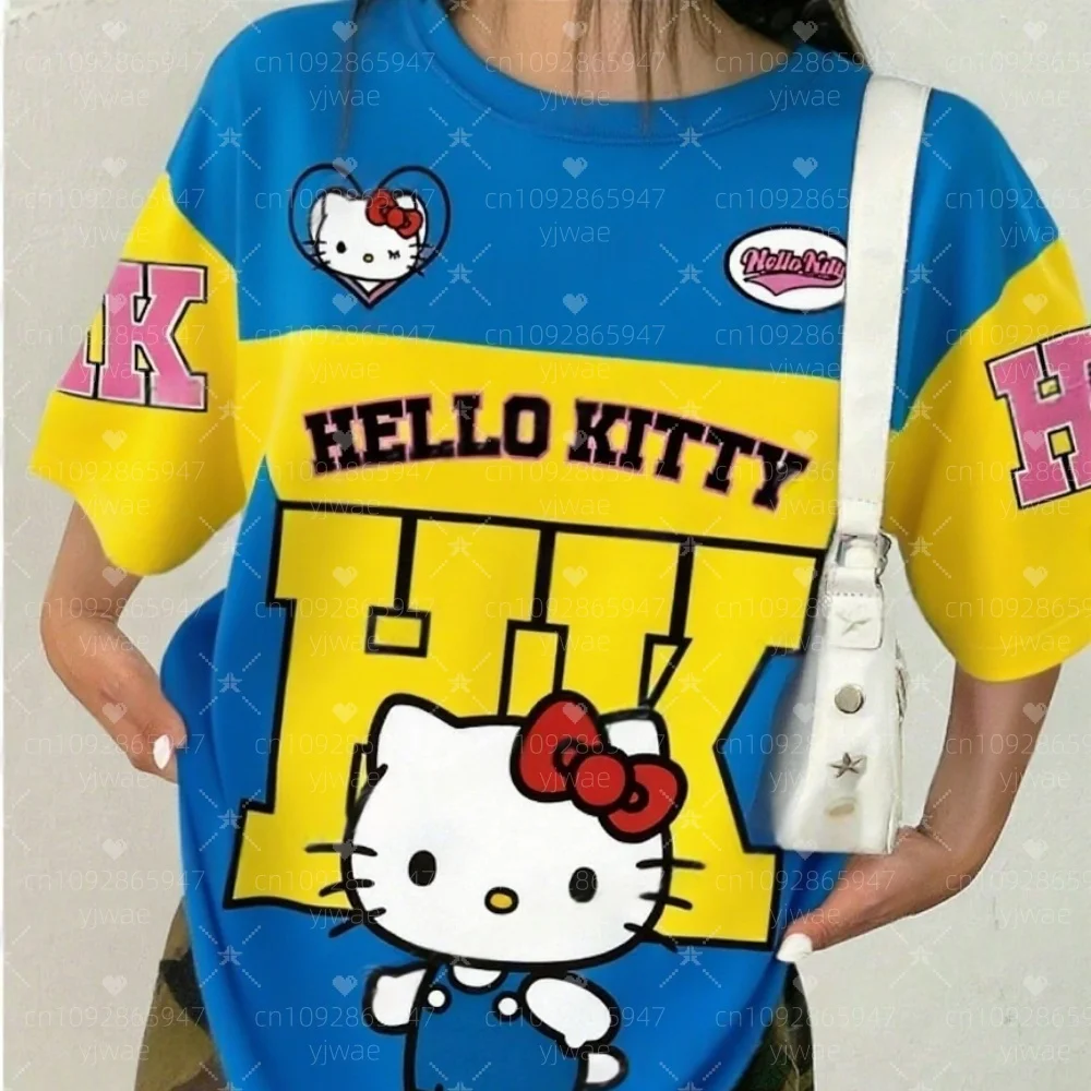 

2025 Women cartoon hello kitty Print O-Neck Short Sleeve T-Shirt Summer Tee Baseball Jerseys Stripe Oversized Sport T-Shirt