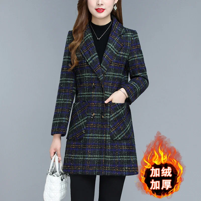 Women Clothing Plaid Wool Coat Autumn Winter Mid-Long Slim 6XL Jackets Female Double Breasted Elegant Chic Woolen Outerwear XQ72