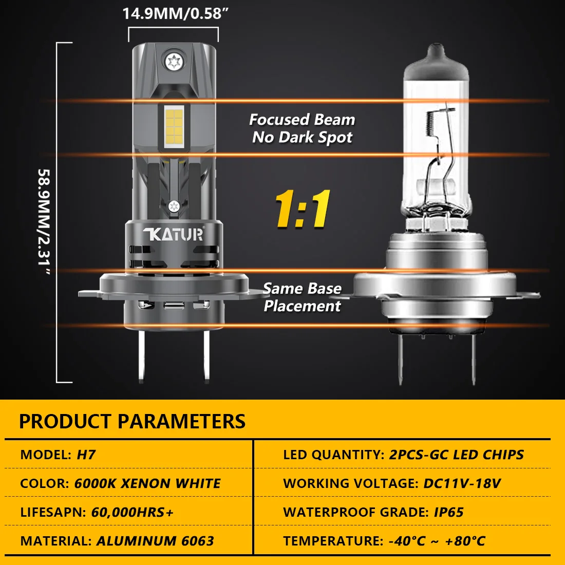 2Pcs H7 Socket Base LED Car Headlight 100W High Power Turbo Bulb 6000K 20000LM Chip Mini Led Light Plug & Play Wiress with Fan