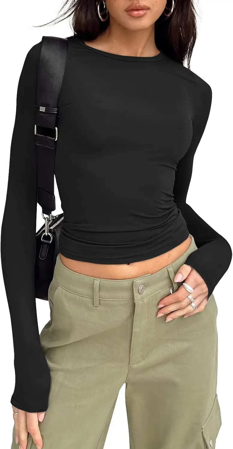 Womens Long Sleeve Shirts Basic Spring Crop Tops Fall Fashion Layering Slim Fitted Y2k Tops