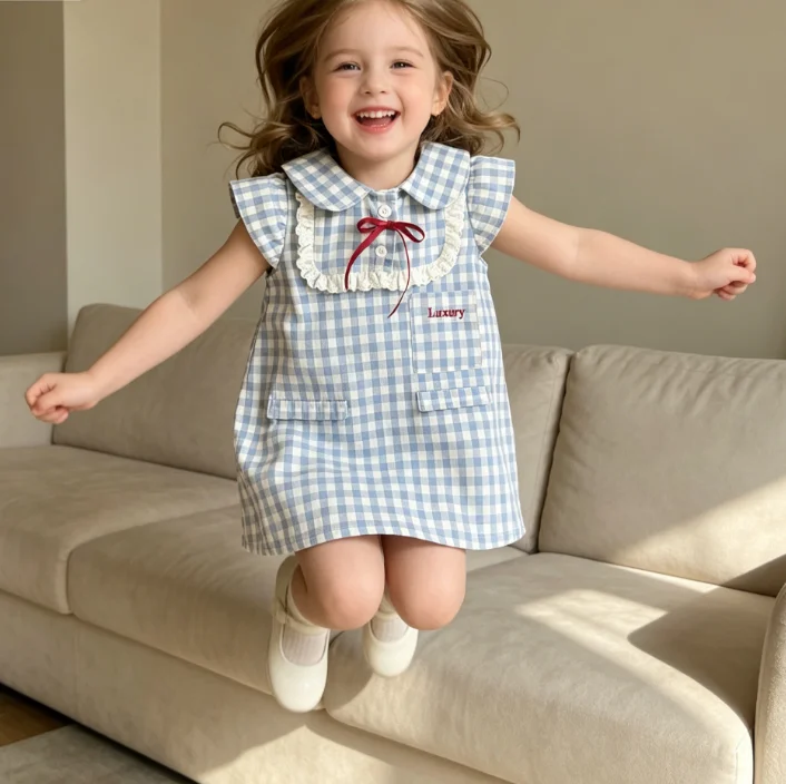 Girls Dress 2026 Spring and Autumn New Children's Clothing Korean Style Girl Baby Preppy Fashion Fly Sleeve Plingham Dress