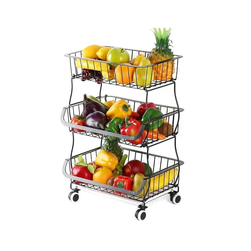 

5 Tier Hanging Fruit Basket Stand, Stacakble Produce Storage Carts on Wheels with Storage for Kitchen Counter Pantry