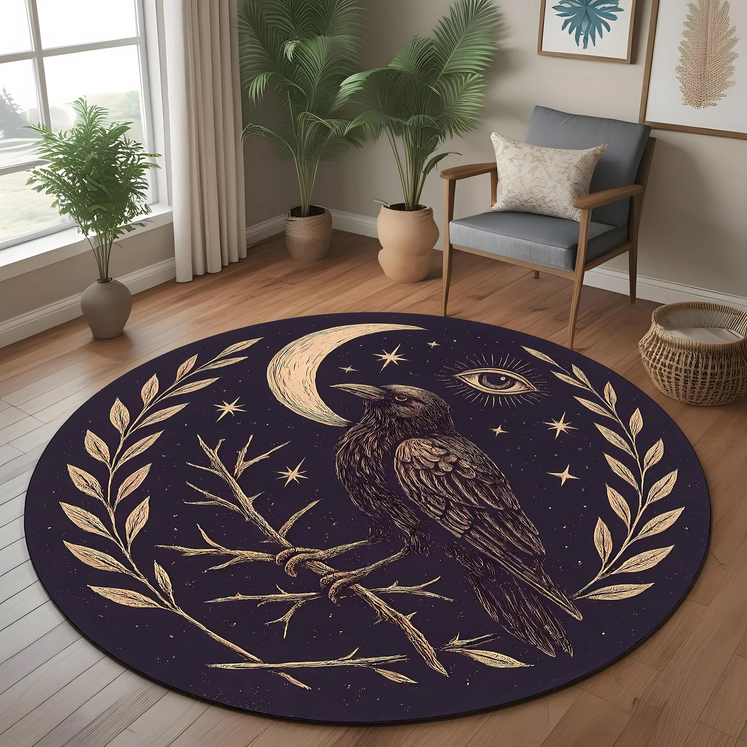 Raven Moon Round Rug, Mysterious Raven Design with Eye and Star Patterns, Suitable for Rooms with Gothic or Mystical Style Decor