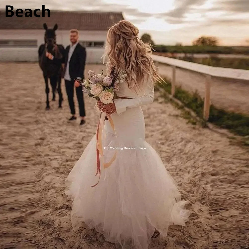 Robe de mariée sirène Boho en tulle à manches longues, col bateau, longueur au sol, robe de mariée princesse de plage, sans manches, 2 pièces