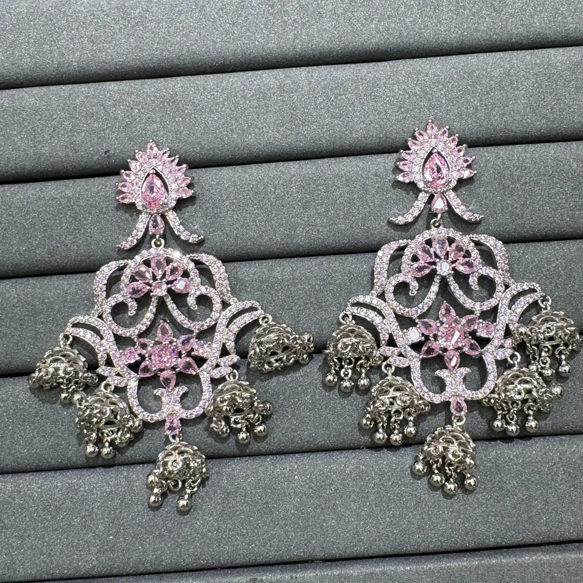 

unique design cubic zirconia earrings for women luxury jewelry gala event dinner party bell dangling earrings pink blue