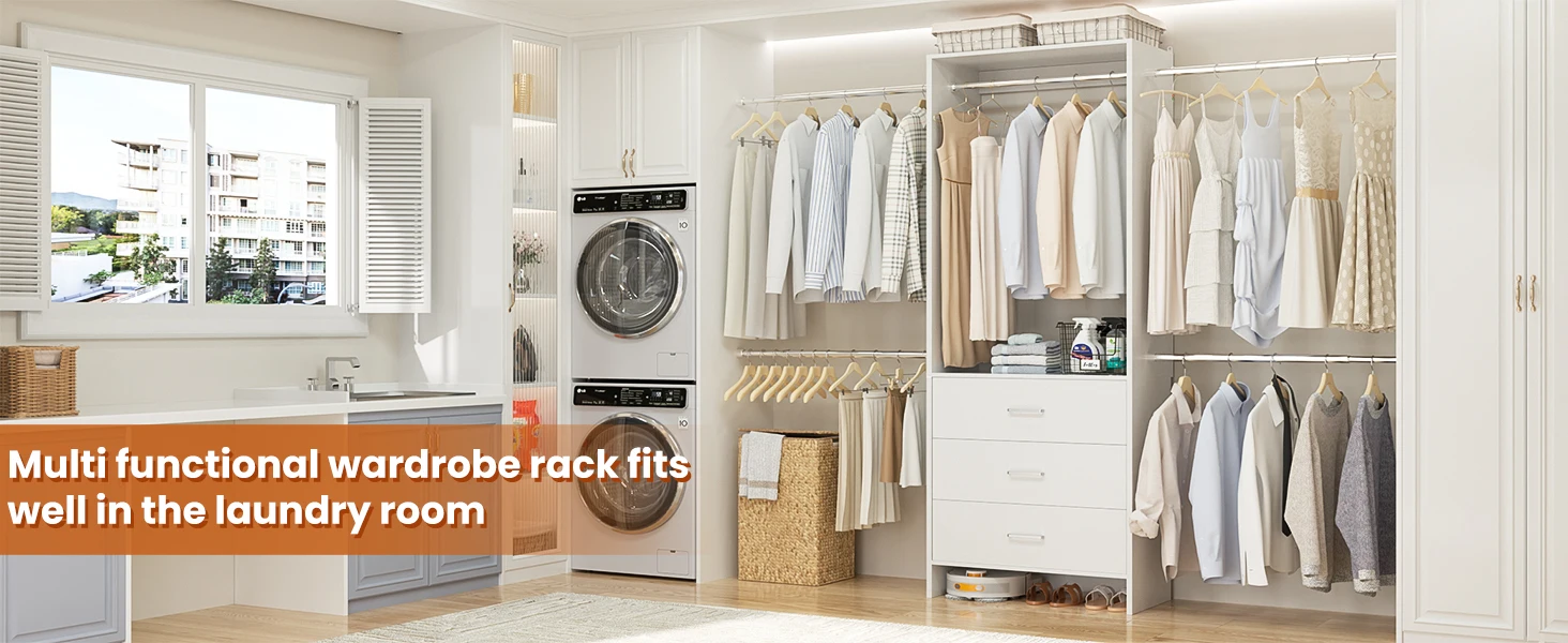 Aheaplus Closet System Closet Organizer with 3 Wooden Drawers Walk-in Closet Wardrobe with 4 Hanging Rods Clothes Rack Garment Organizer