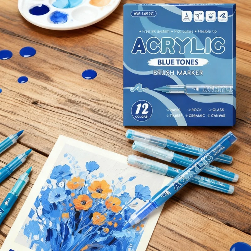 

12 цветов, набор акриловых маркеров с мягким наконечником, водонепроницаемые штабелируемые цвета, сделай сам, живопись, ткань для граффити, камень, дерево, стекло, керамика, пластик