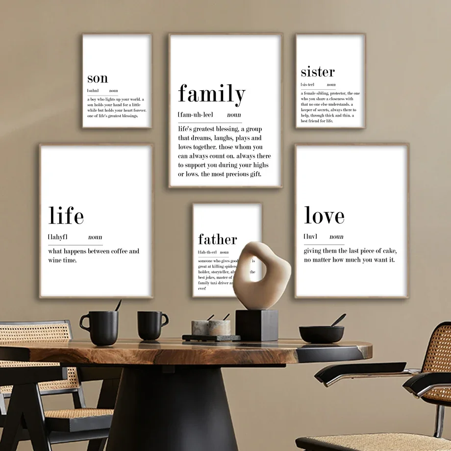 Black White Minimalist Love Family Life Sibling Modern Wall Art Canvas Painting And Prints Wall Pictures For Living Room Decor