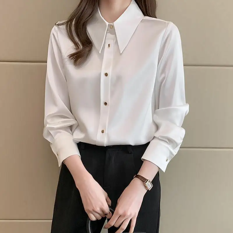 Elegant Korean Fashion Simple Office Lady All Match Button Shirt Casual Solid Loose Long Sleeve Chiffon Blouse Top Women Blusas