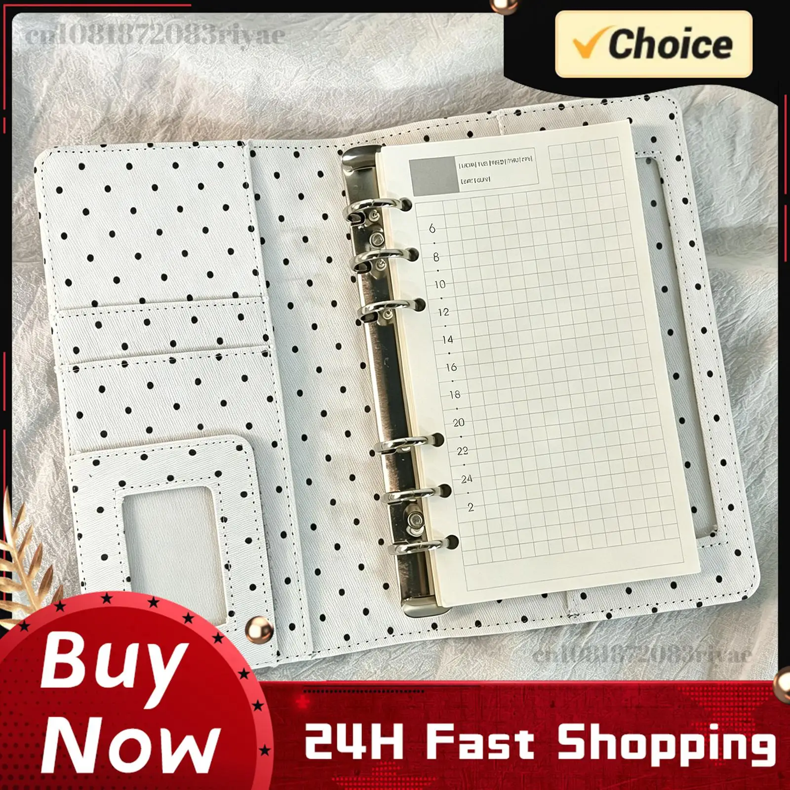 A6 Retro White Polka Dots Pocket Size DIY PU Clip-on Notebook Six Rings Leather-Look for Students Commuting School Traveling Use