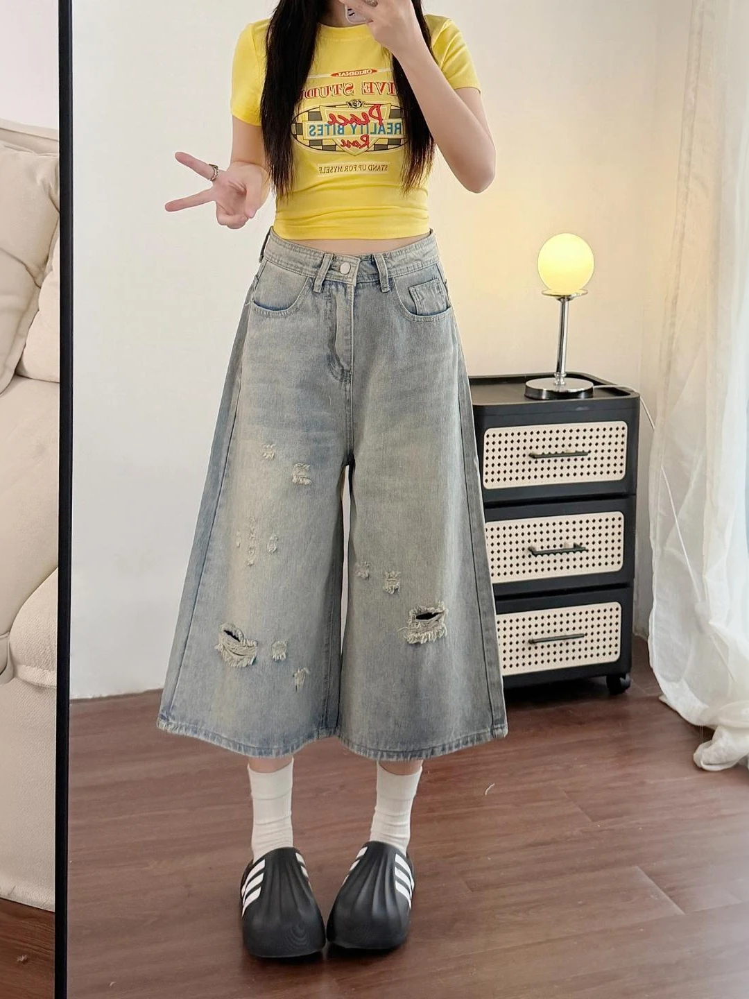 

American Style Retro Hole Denim Jeans Women's Summer New Large Size Fat MM Loose Hip Covering Wide Leg Seven Pants