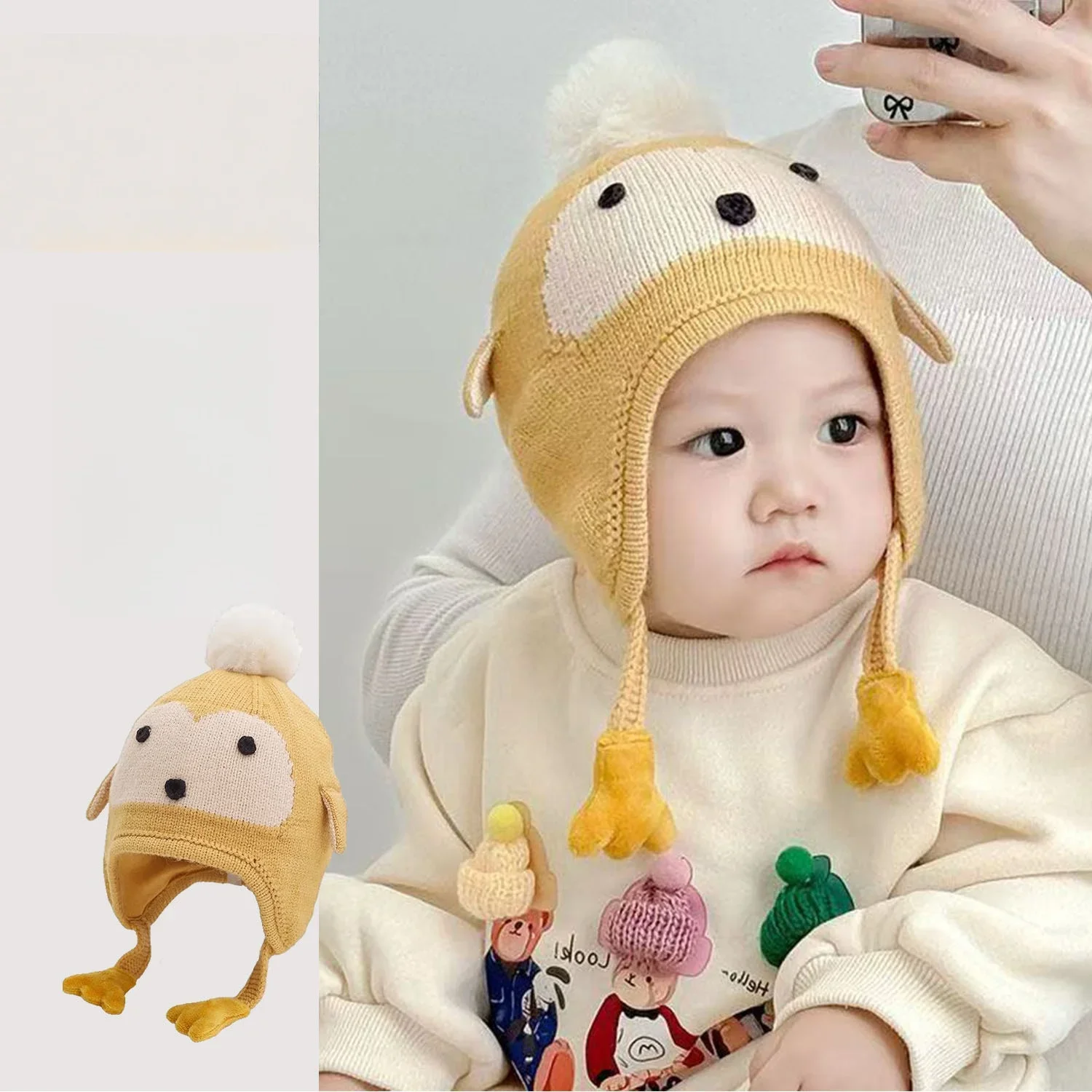 0-4Y Jungen Mädchen Winddichte Mütze Neugeborenes Baby Strickmütze Winter Warm Pinguin Earflap Beanie Niedliche Pom Pom Paw Hut