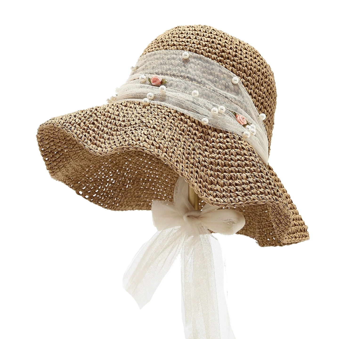 Summer Outdoor Breathable Woven Straw Hat with Mesh Pearl Bow Decoration Fashion Sweet Fresh Casual Sunshade Hat