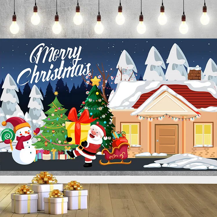 Christmas giant banners,flags,home holiday decorations,garage door,background, outdoor, old people,gifts,snowmen,trees,2024