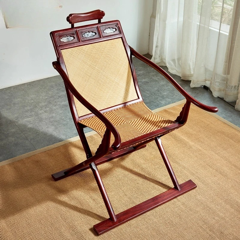 Wooden rattan folding recliner Chinese casual armchair