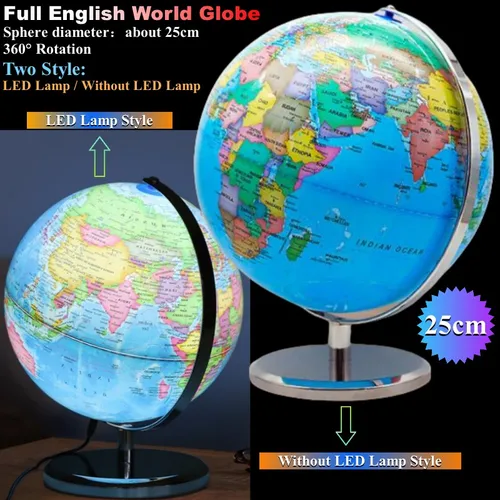 Diámetro de la esfera 25 cm Globo terráqueo inglés puro HD impreso 360 °   Lámpara de escritorio con luz LED para enseñanza de estudiantes, globo de Metal ABS, artesanías de oficina