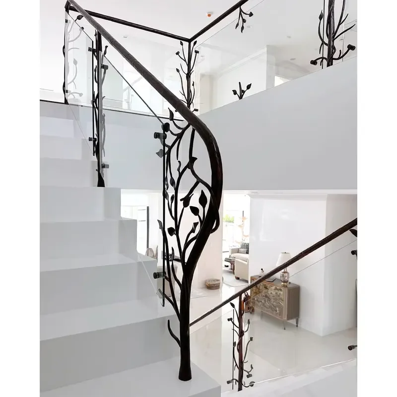 Unique Design Wrought Iron Stair Railings with Curved Tempered Glass Interior Staircase Railings for Houses
