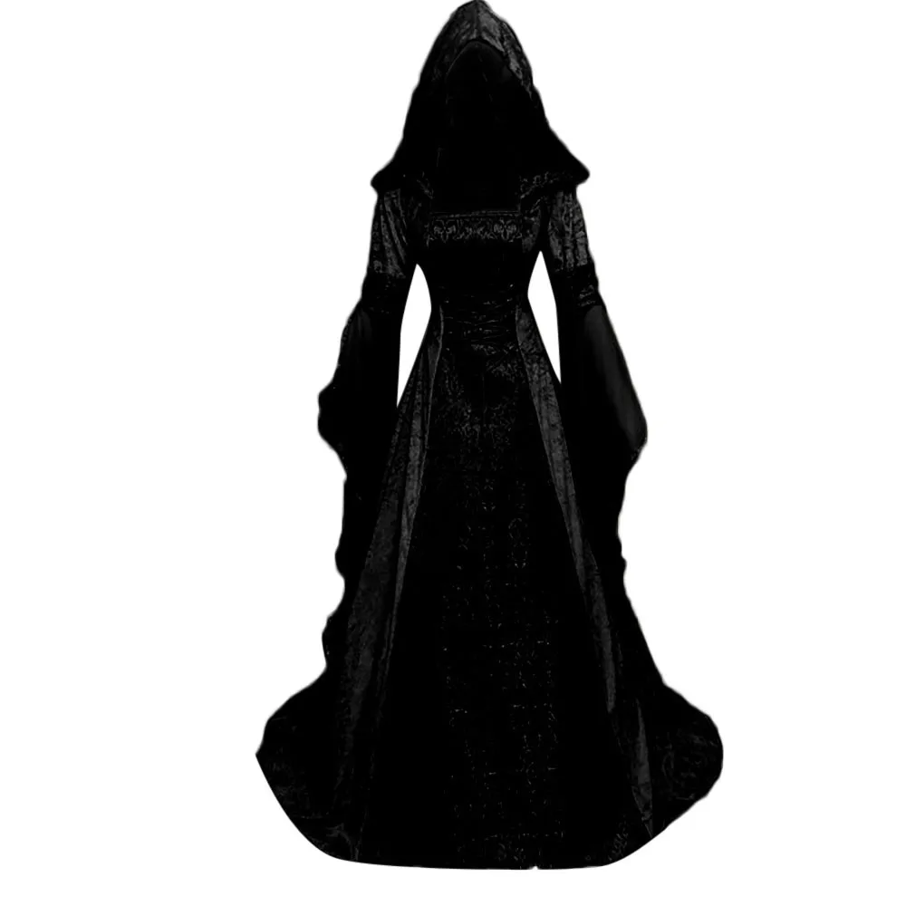

Women Vintage Gothic Long Dresses Fashion Flare Long Sleeve Hooded Dress Slimming Floor Length Cosplay Dress