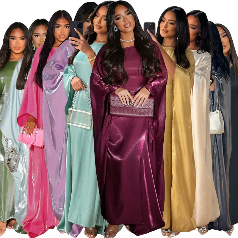

New Ramadan Saudi Arabia Summer Middle East Modest Muslim Luxury Fashion Bright Silk Satin Waist Abaya Islamic Dress